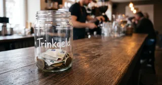 Ein mit Münzen und Banknoten gefülltes Trinkgeldglas mit der Aufschrift „Trinkgeld“ steht auf einer Holztheke in einem Café.