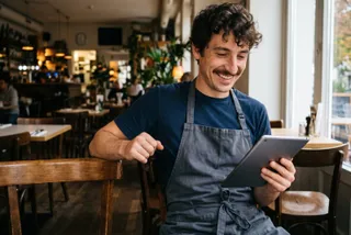 Ein Mann in einer blauen Schürze hält ein Tablet in der Hand und sitzt in einem gemütlich beleuchteten Café; er liest im orderbird Blog und lächelt zufrieden.