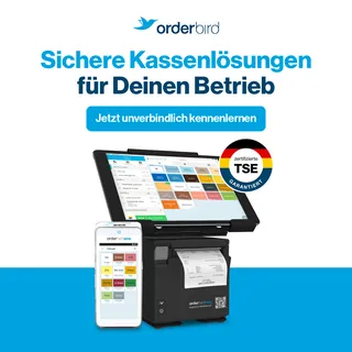 ordernird MINI und orderbird PRO Kasse als Produktbild mit Titel "Sichere Kassenlösung für Deinen Betrieb und einem CTA "unverbindlich kennenlernen"