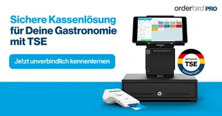 orderbird PRO Kasse als Produktbild mit Titel "Sichere Kassenlösung für Deine Gastronomie und TSE und einem CTA "unverbindlich kennenlernen"