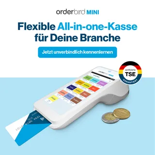 orderbird MINI Kasse als Produktbild und dem Titel "Flexible All-in-onKasse" für Deine Branche und einem CTA "Jetzt unverbindlich kennenlernen"
