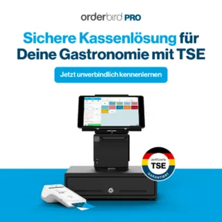 orderbird PRO Kasse als Produktbild mit Titel "Sichere Kassenlösung für Deine Gastronomie und TSE und einem CTA "unverbindlich kennenlernen"