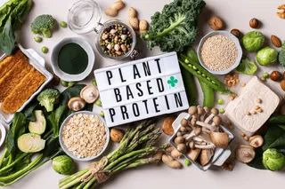 Text Plant Based Protein liegt zwischen Gemüse