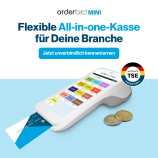 orderbird MINI Kasse als Produktbild und dem Titel "Flexible All-in-onKasse" für Deine Branche und einem CTA "Jetzt unverbindlich kennenlernen"